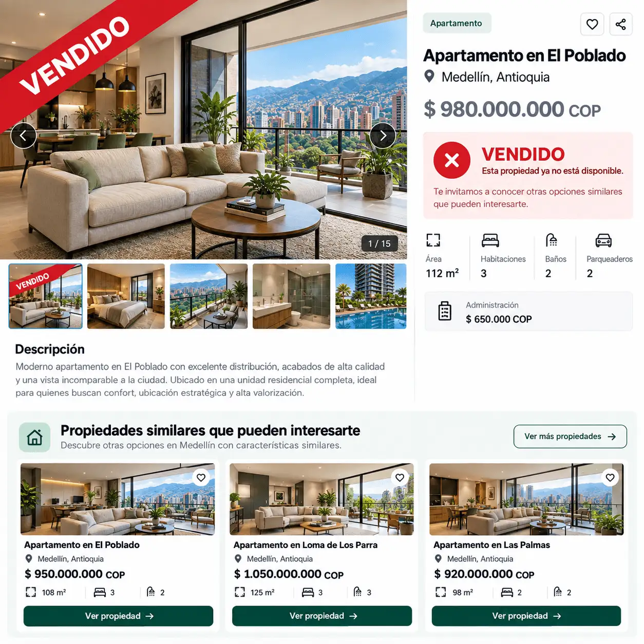 Propiedad vendida con alternativas inmobiliarias similares disponibles