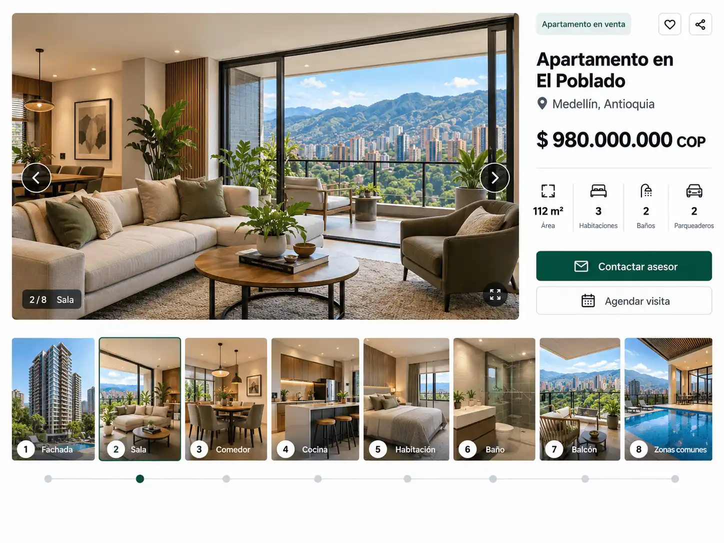 Galería inmobiliaria organizada siguiendo el recorrido de una propiedad